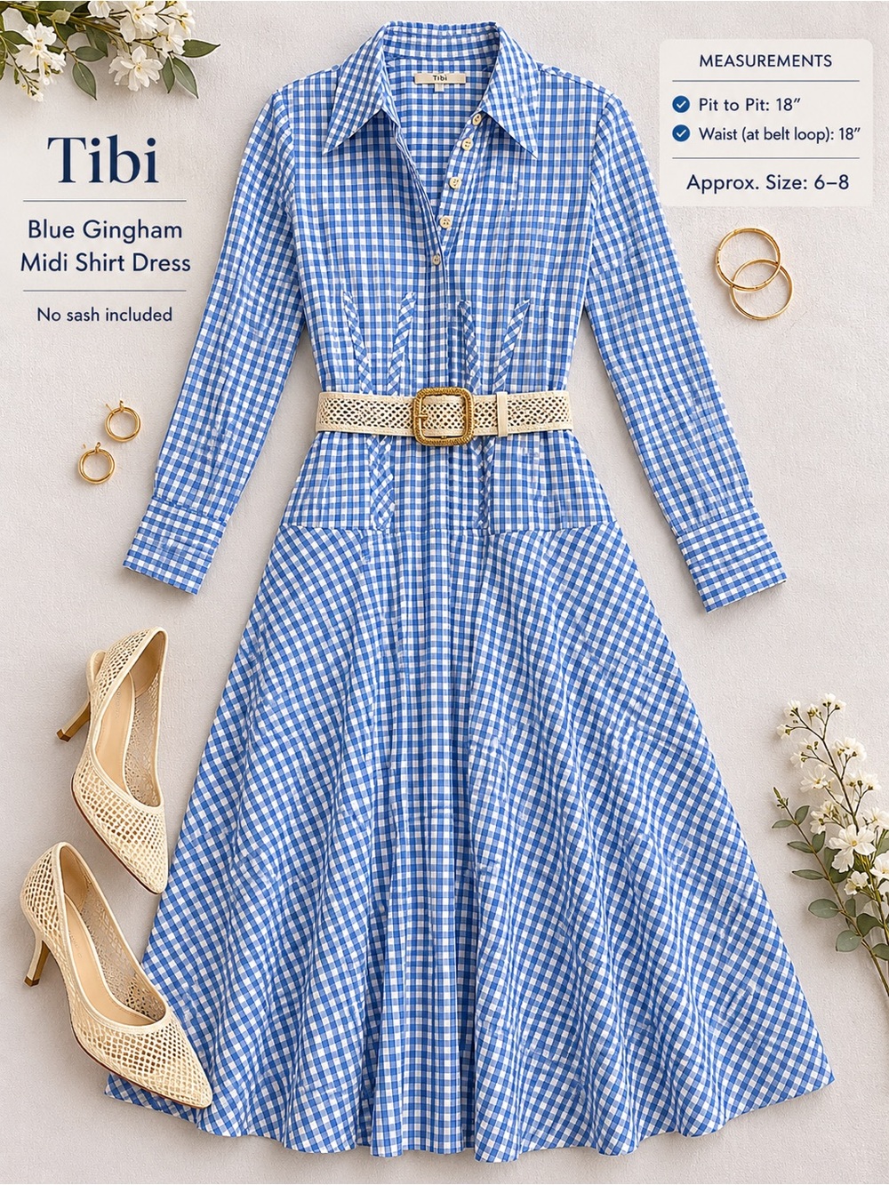 Tibi Blue Gingham Dress Long Sleeve Preppy Coastal Grandma CottageCore 6-8